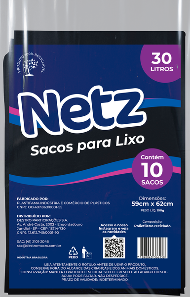 saco lixo netz pto ref 30l 10un